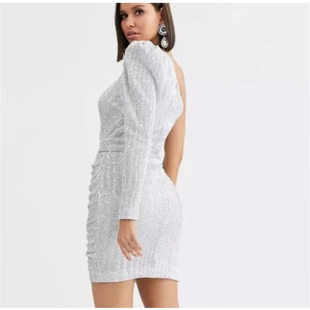 Lavish Alice Sequin One Sleeve Silver Iridescent Holo Cocktail mini Dress Size 4 - Picture 9 of 9